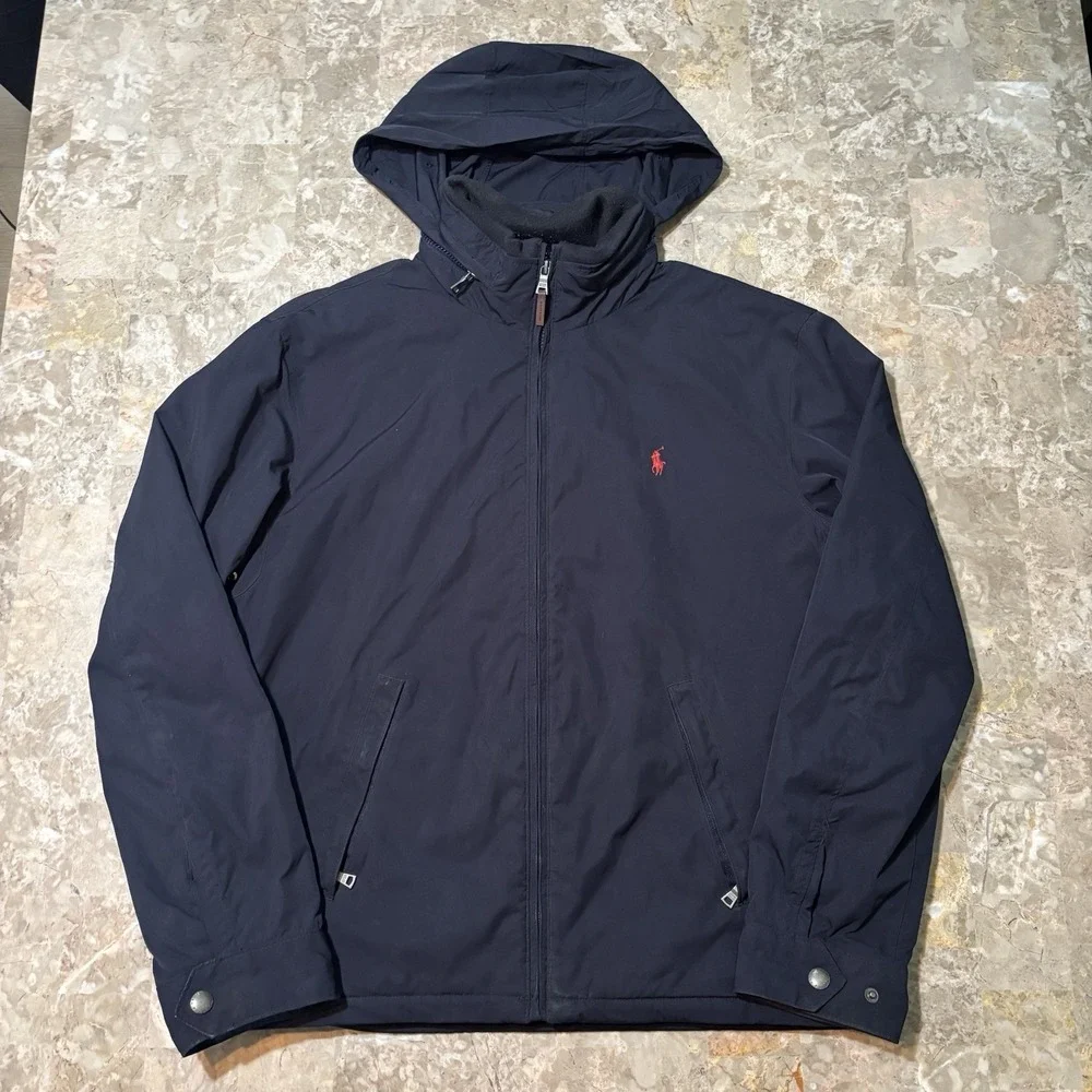 Polo Ralph Lauren Jacket Mens Large Blue Packable Hood Fleece Lined Full Zip
